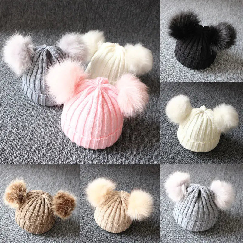 Winter Wool Knitted Newborn Kids Baby Caps Beanie with Two Double Pom Pom Beanie for Boys Girl 1-3 Years