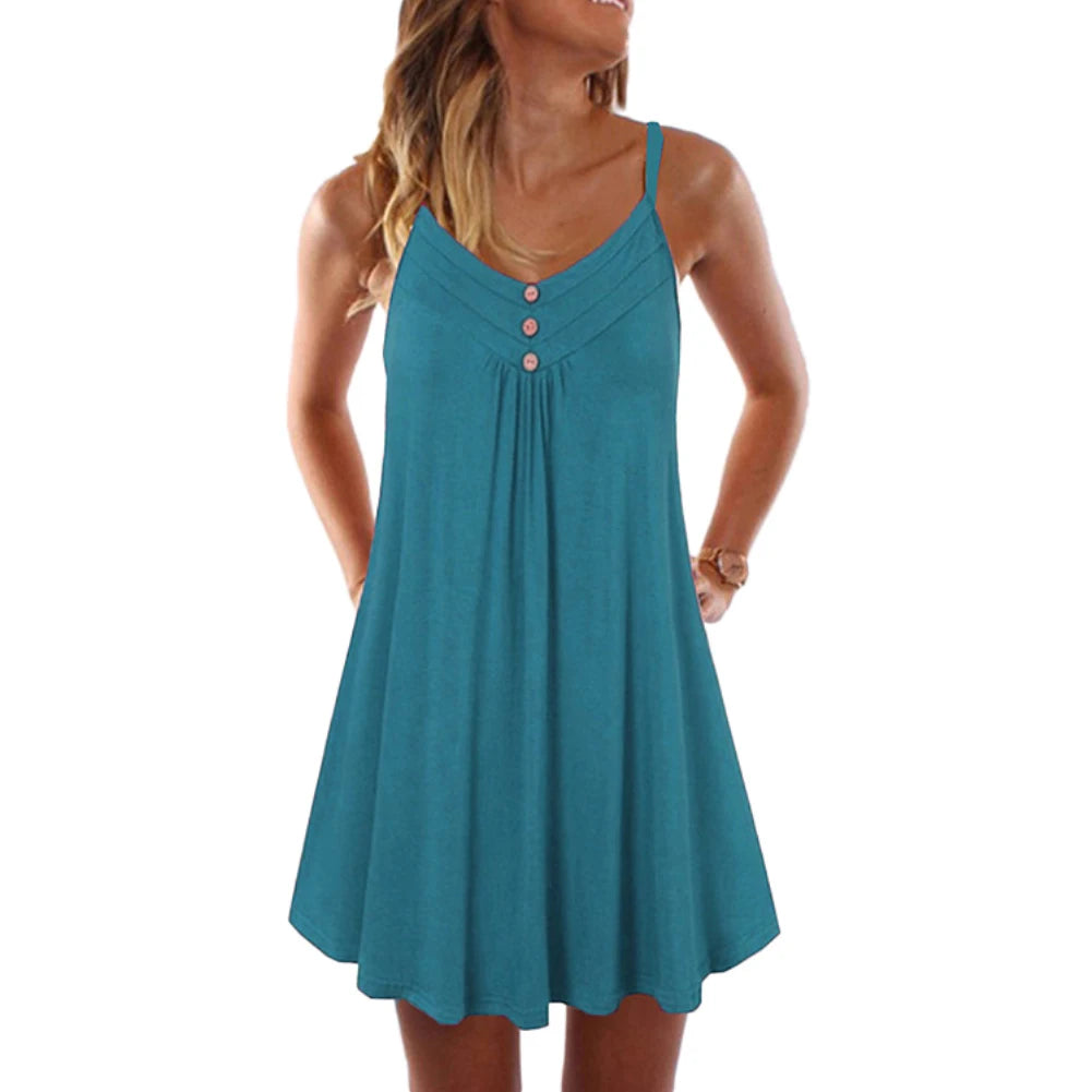 Women Summer Sundress Sexy V Neck Sleeveless Button Pleated Large Hem Sundress Female Boho Knee-length Casual Dress Loose