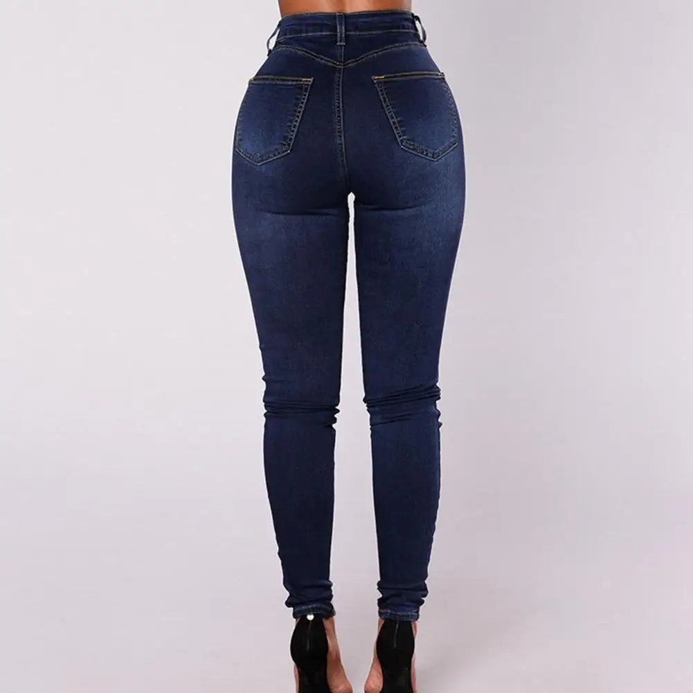 Women's High Waist Pencil Jeans , Vintage Skinny Double-breasted Pockets , Push Up Full Length Denim Pants