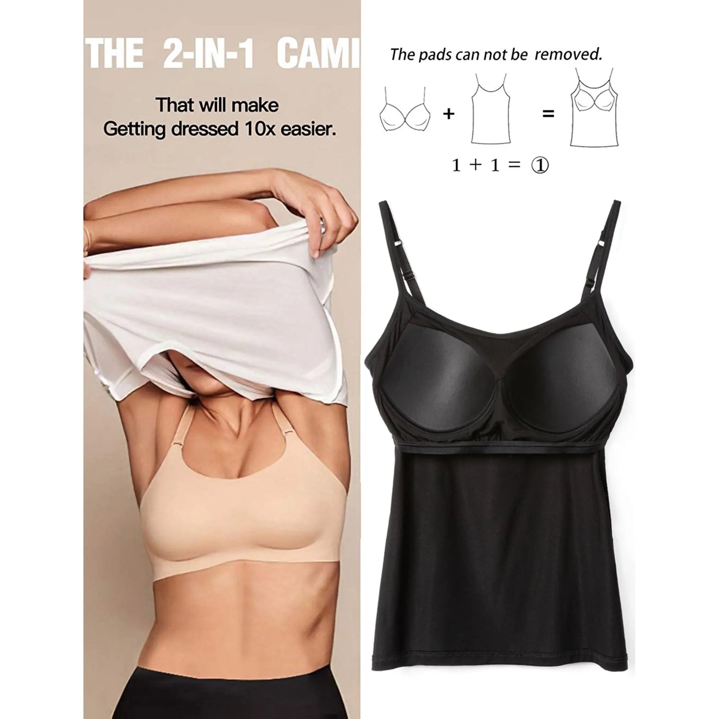 Women V-Neck Spaghetti Strap Camisole With Bulit-In Bra , Soft , Breathable , Padded , Wireless