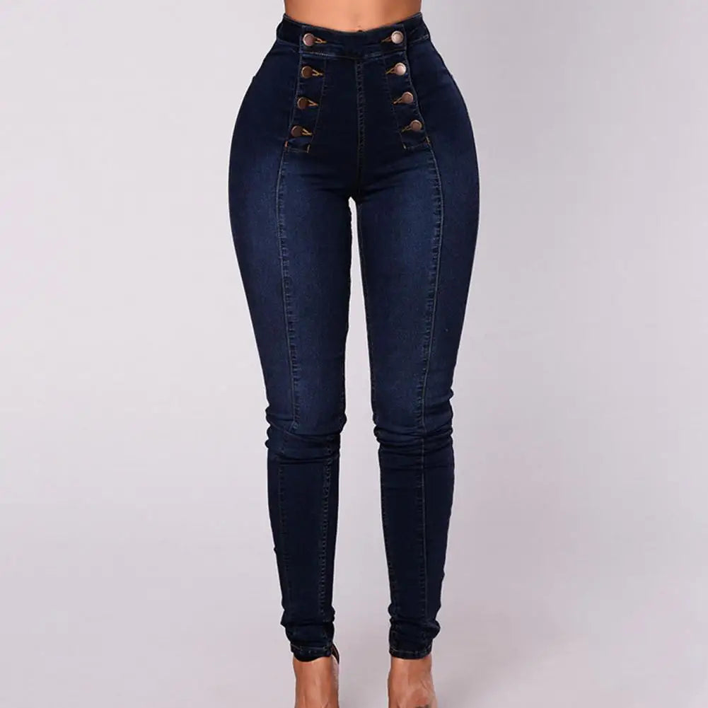 Women's High Waist Pencil Jeans , Vintage Skinny Double-breasted Pockets , Push Up Full Length Denim Pants