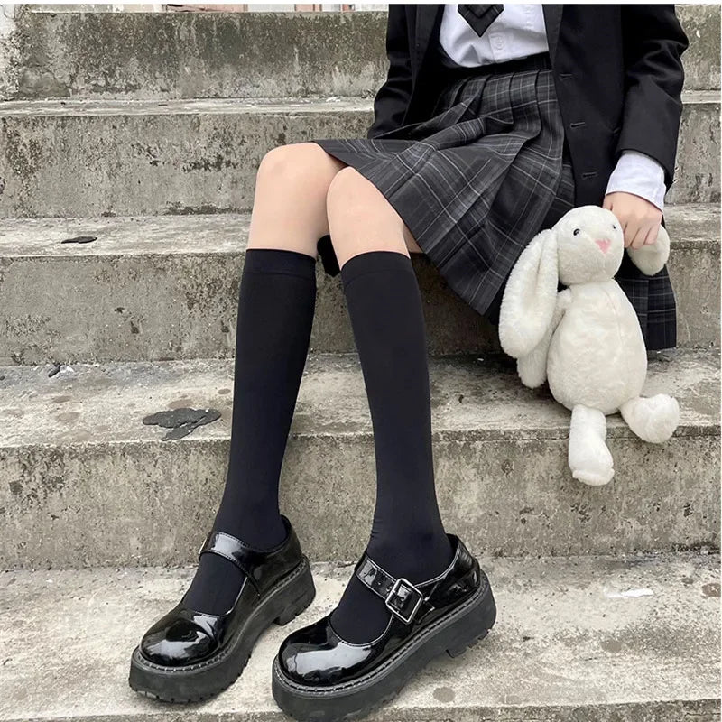 Solid Black and White Long Socks Stockings , Japanese Style thigh high