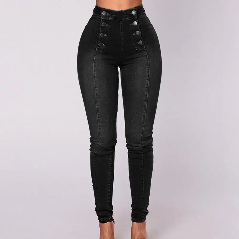 Women's High Waist Pencil Jeans , Vintage Skinny Double-breasted Pockets , Push Up Full Length Denim Pants