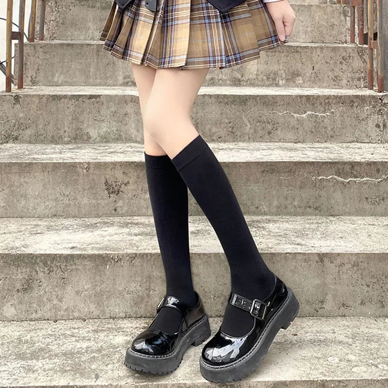 Solid Black and White Long Socks Stockings , Japanese Style thigh high