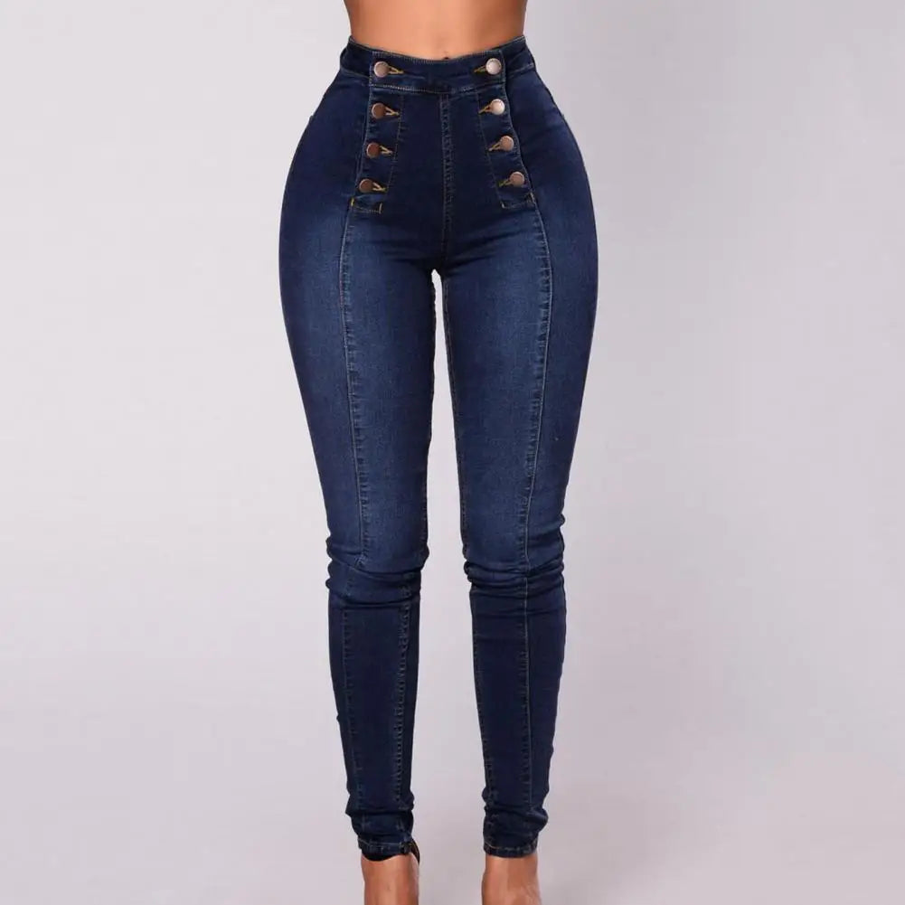 Women's High Waist Pencil Jeans , Vintage Skinny Double-breasted Pockets , Push Up Full Length Denim Pants