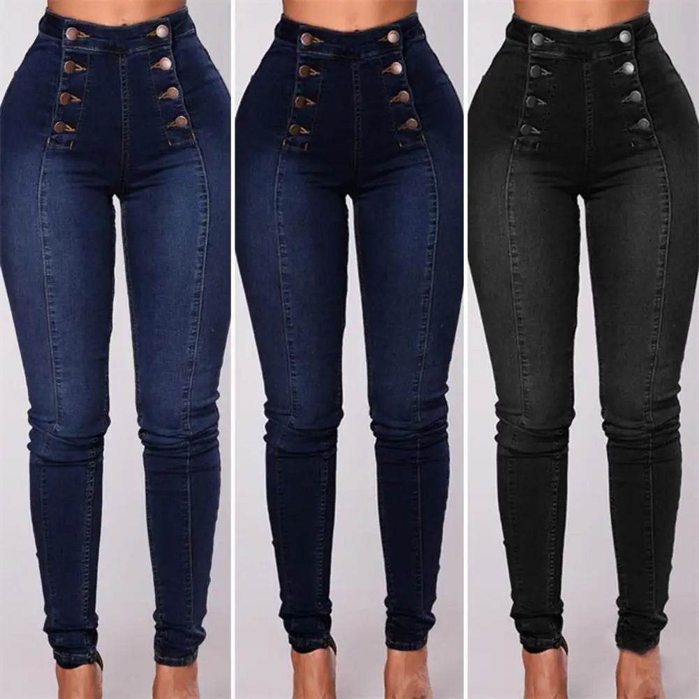 Women's High Waist Pencil Jeans , Vintage Skinny Double-breasted Pockets , Push Up Full Length Denim Pants