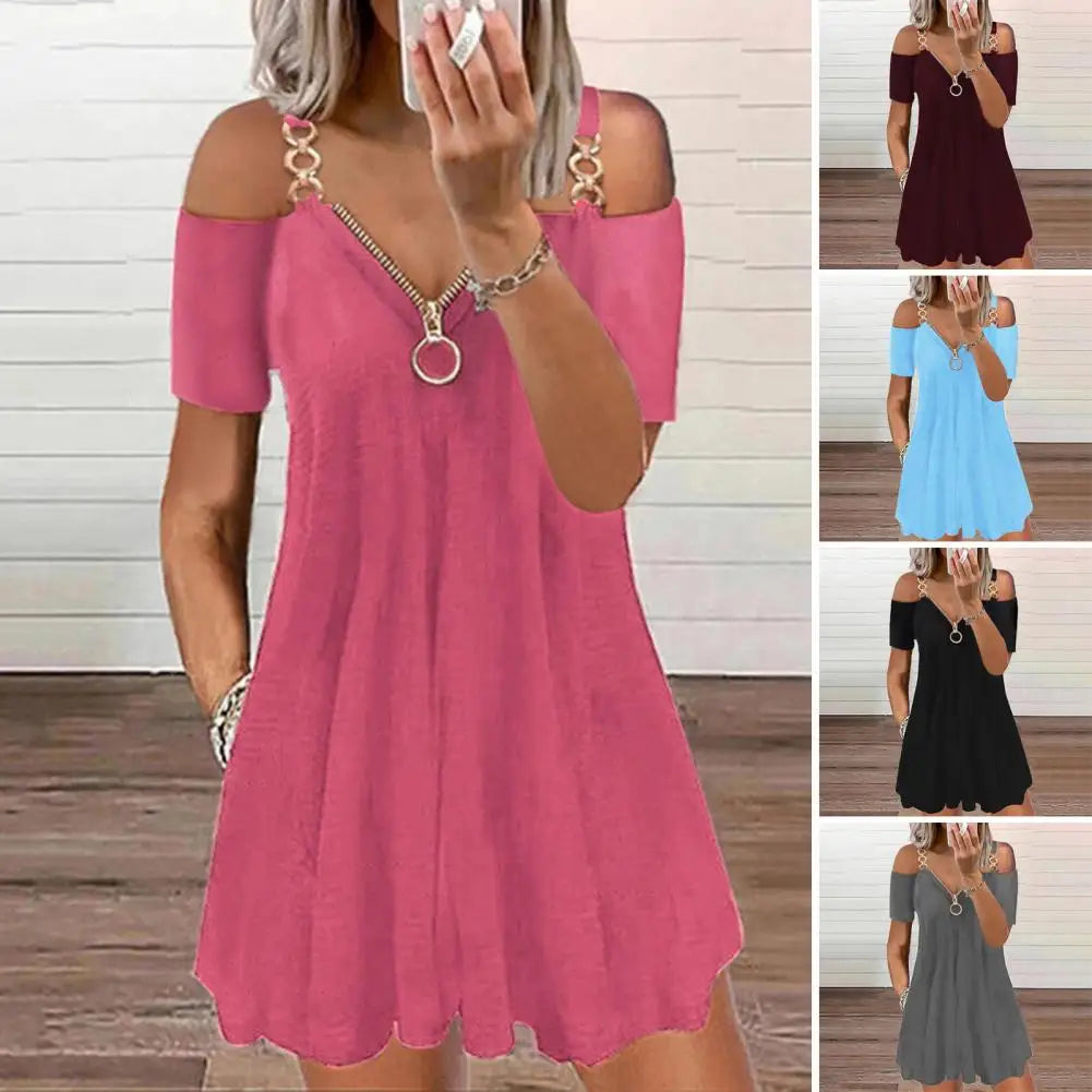 Fashion Short Sleeve , Solid Color , Metal Zipper  ,V Neck  ,Casual  Mini Dress Loose Plus Size