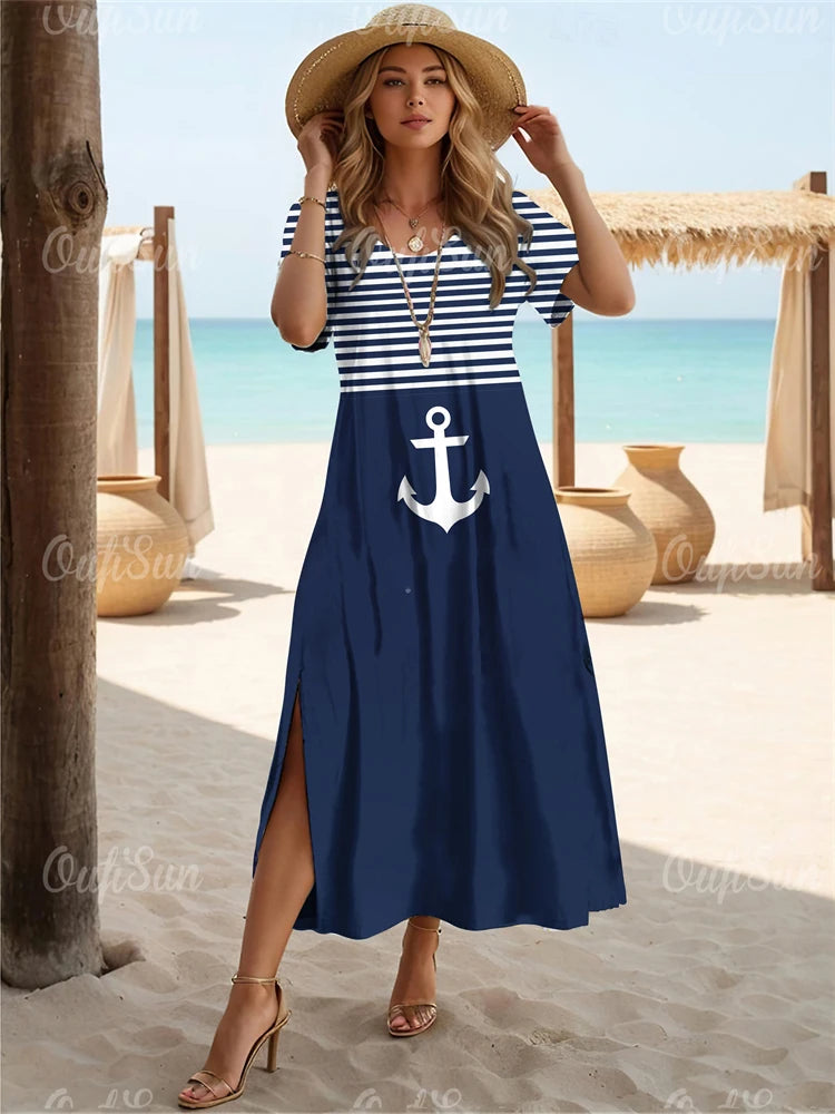 Anchor Print Elegant Midi Dress