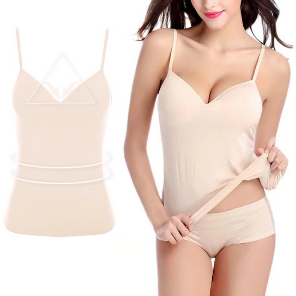 Women V-Neck Spaghetti Strap Camisole With Bulit-In Bra , Soft , Breathable , Padded , Wireless