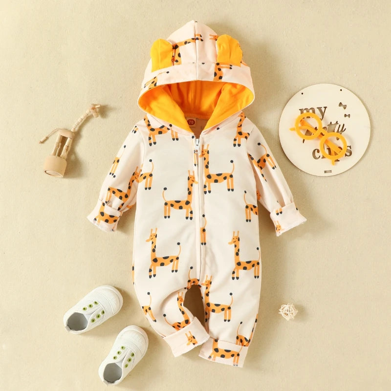 Cute Cartoon Giraffe Infant  Baby Girls Hooded Jumpsuit Baby Zipper Overalls Costume 0-18 Months