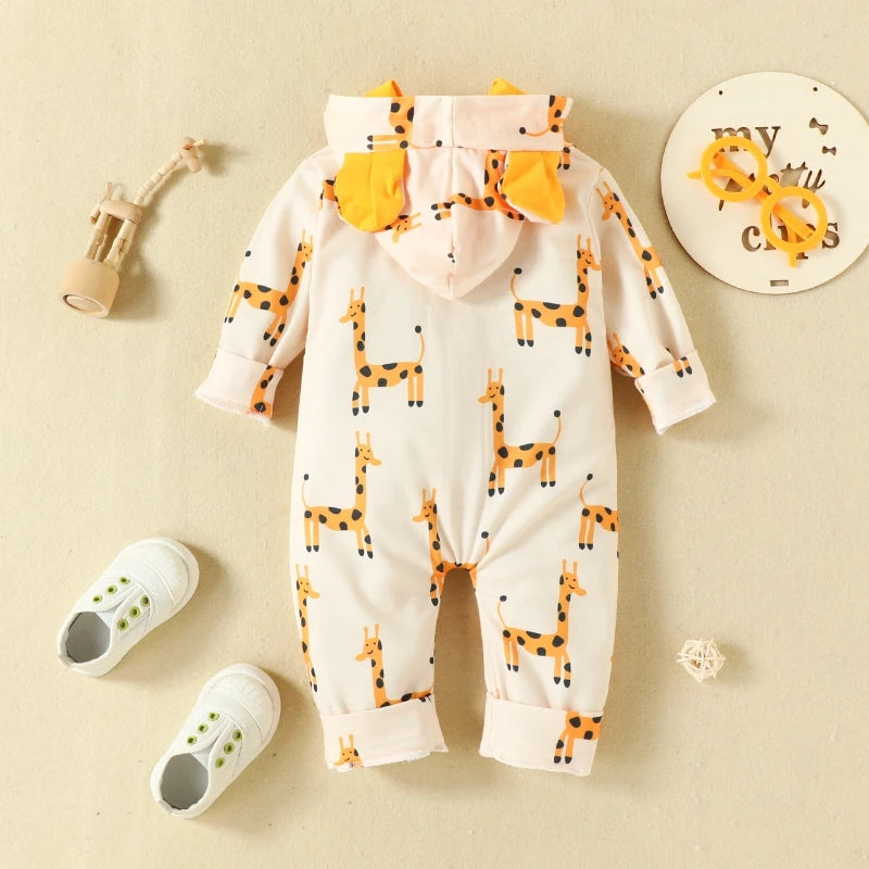 Cute Cartoon Giraffe Infant  Baby Girls Hooded Jumpsuit Baby Zipper Overalls Costume 0-18 Months