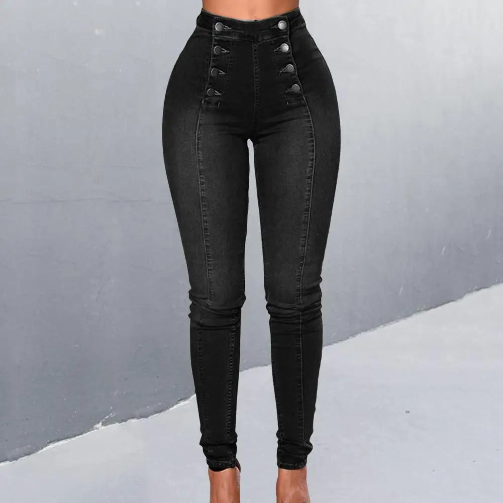 Women's High Waist Pencil Jeans , Vintage Skinny Double-breasted Pockets , Push Up Full Length Denim Pants